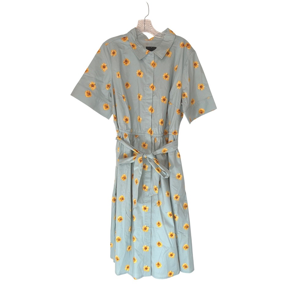 Jason Wu Dress Blue Sunfloral Floral Short Sleeve Belted Button Up‎ Collared 1X
